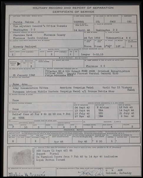 Melvin Purvis Historic FBI/Military Document